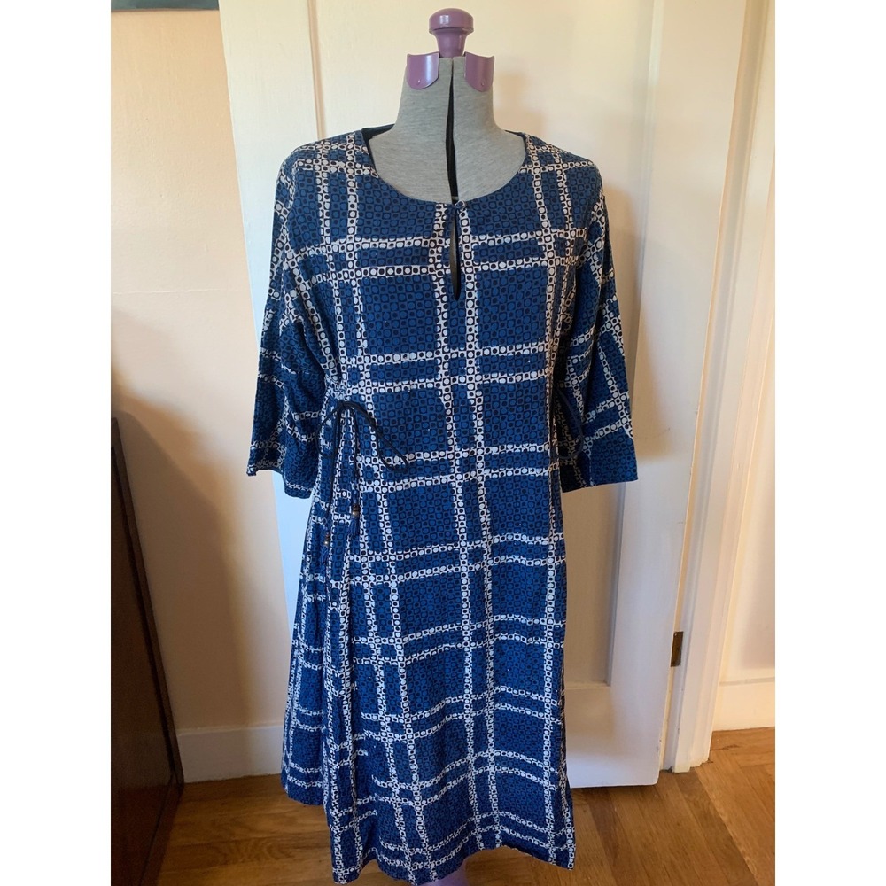 Anokhi Blue White Block Print Cotton Midi Dress Medium Hand Printed India Boho